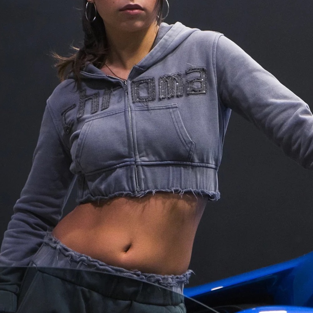 Chroma Collective Stone-Wash Rhinestone Logo Cropped Hoodie